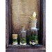 Curio Shelf Terrarium: 14 karat Gold Bird Finial on Antique Apothecary Bottle