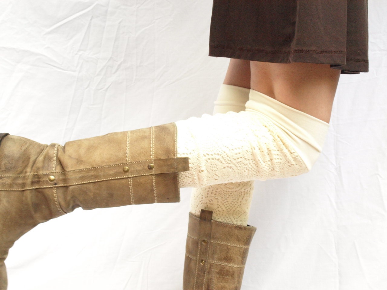 Cream bamboo knit leg warmers