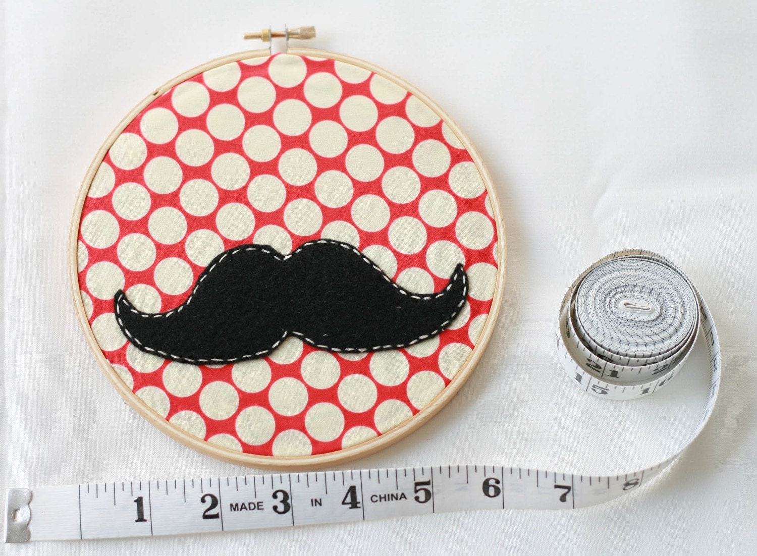 Mustache and Polka Dot Embroidered Wall Hanging