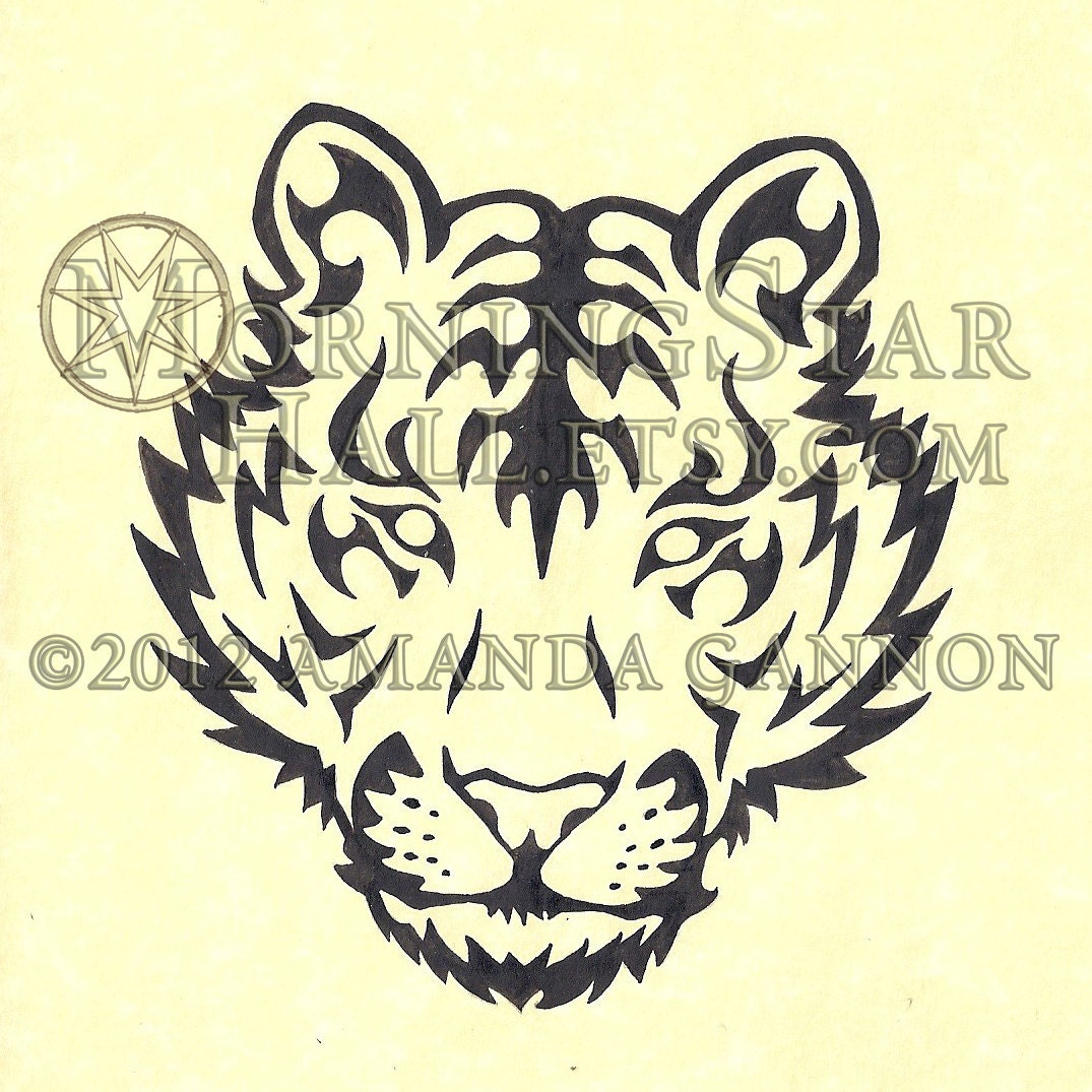 Tribal Siberian Tiger tattoo flash style ink illustration