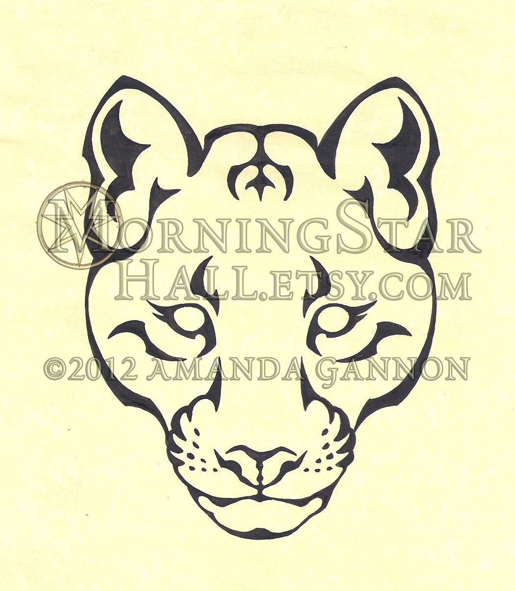 Tribal Mountain Lion - Cougar - Puma tattoo flash style ink illustration