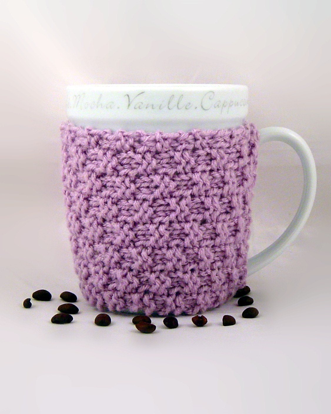 Pale Plum Hand Knit Coffee Mug Cozy Berry Stitch