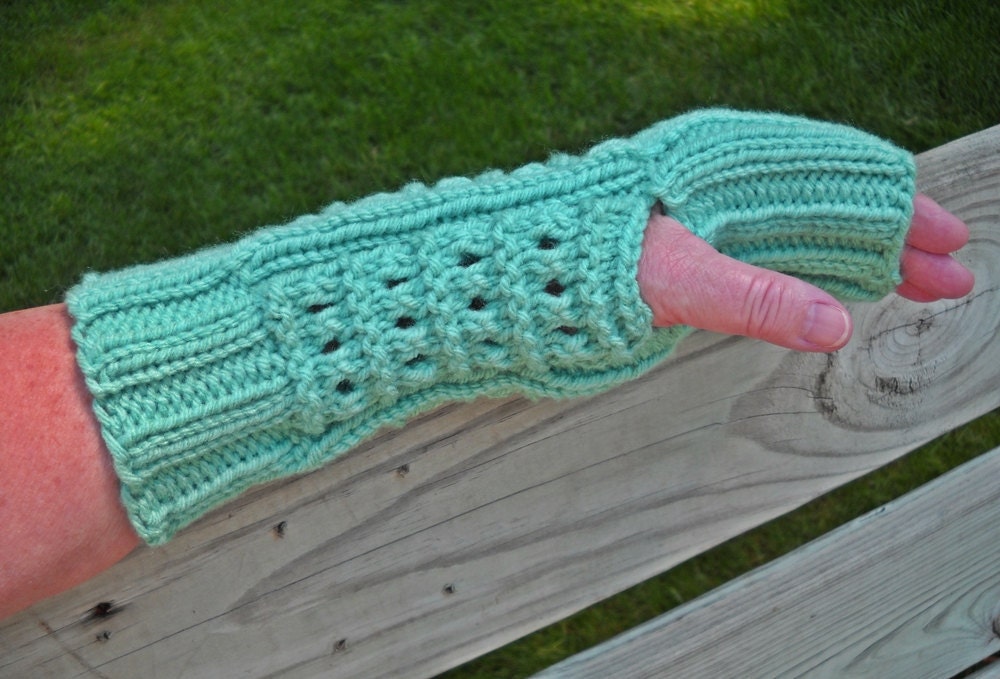 Aqua Fingerless Gloves, Texting or Cell Phone Gloves, Seamless Handknit Lacy Pattern, 1 Sz, Vegan