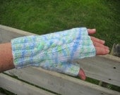 Gloves no fingers, Thumb, Handknit, Fingerless mitts, Light weighht yarn, White Green n Blue, One Size, Seamless, Vegan