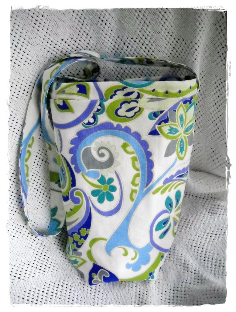 Spindle Bag, Inside Padded Spindle Pouch, 70s Lg Paisley Print Cotton Canvas, Drawstring, Pockets, Long XBody Strap, Spin on the Go Bag