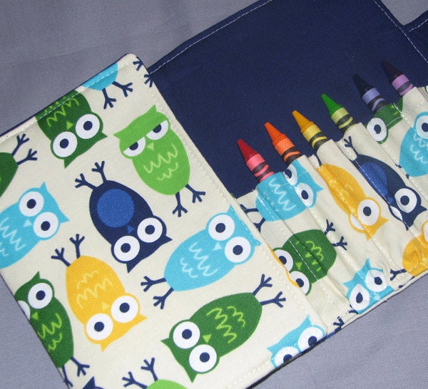 FREE SHIPPING - Crayon Wallet  OWLS in Blue -  Coloring Wallet Hip Trendy Toddler Travel