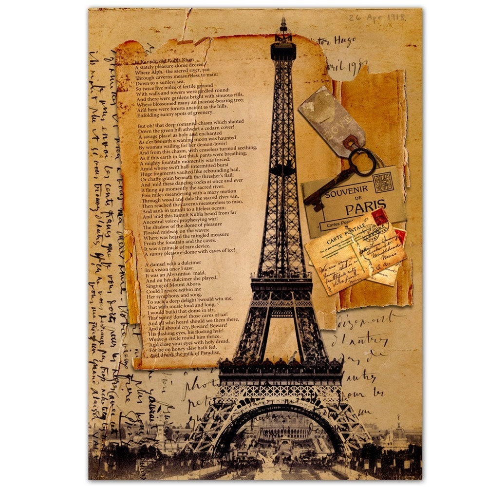 Paris decor print fine art  poster  mixed media ..Vintage style. sepia and brown I love Paris  by Artistico