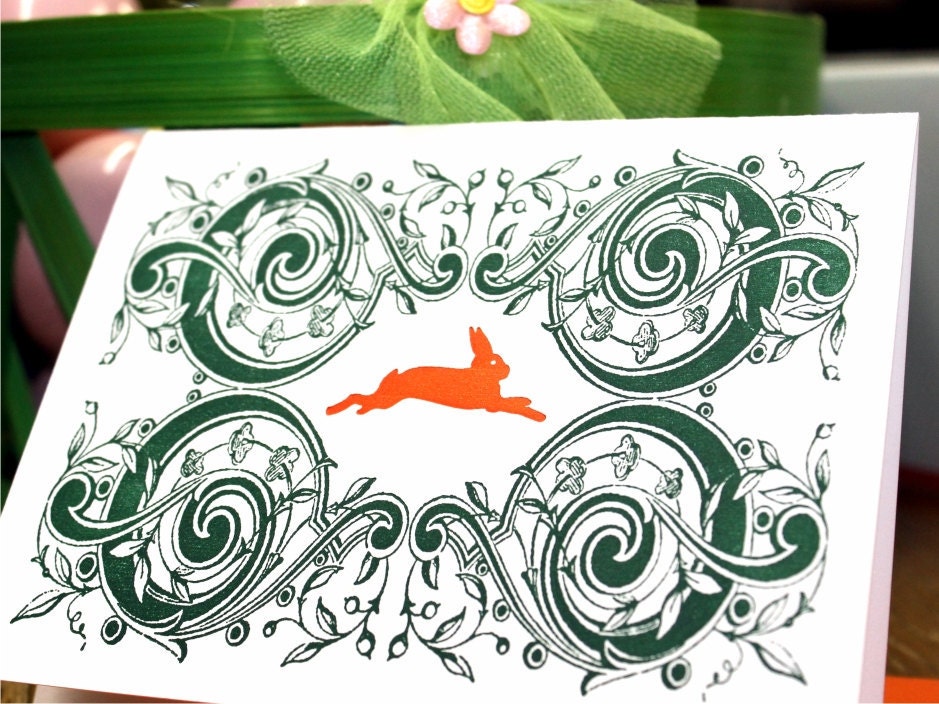 Letterpress Bunny Rabbit Card Orange Green