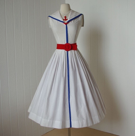 vintage 1950's dress ...JERRY GILDEN spectator white cotton quintessential sailorette sailor victory full skirt pin-up sundress