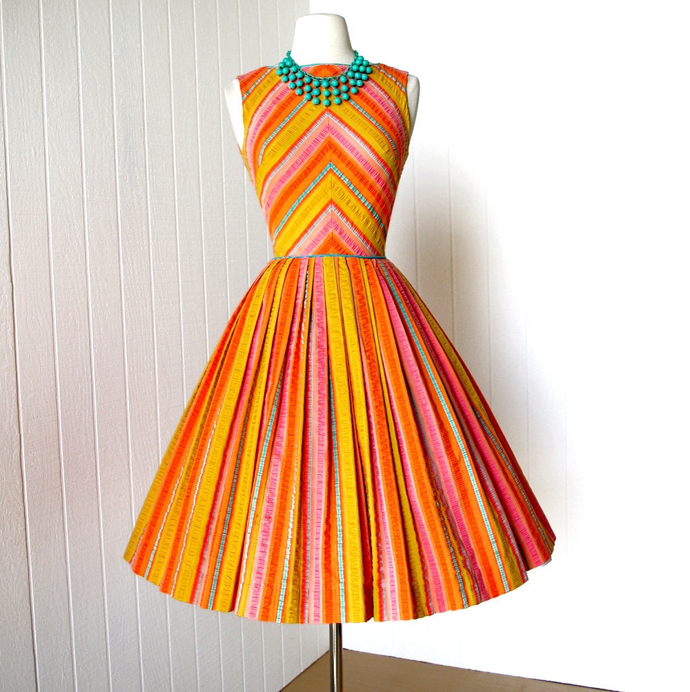 vintage 1960's dress ...tutti fruitti GAY GIBSON chevron sorbet cotton seersucker full skirt pin-up summer dress