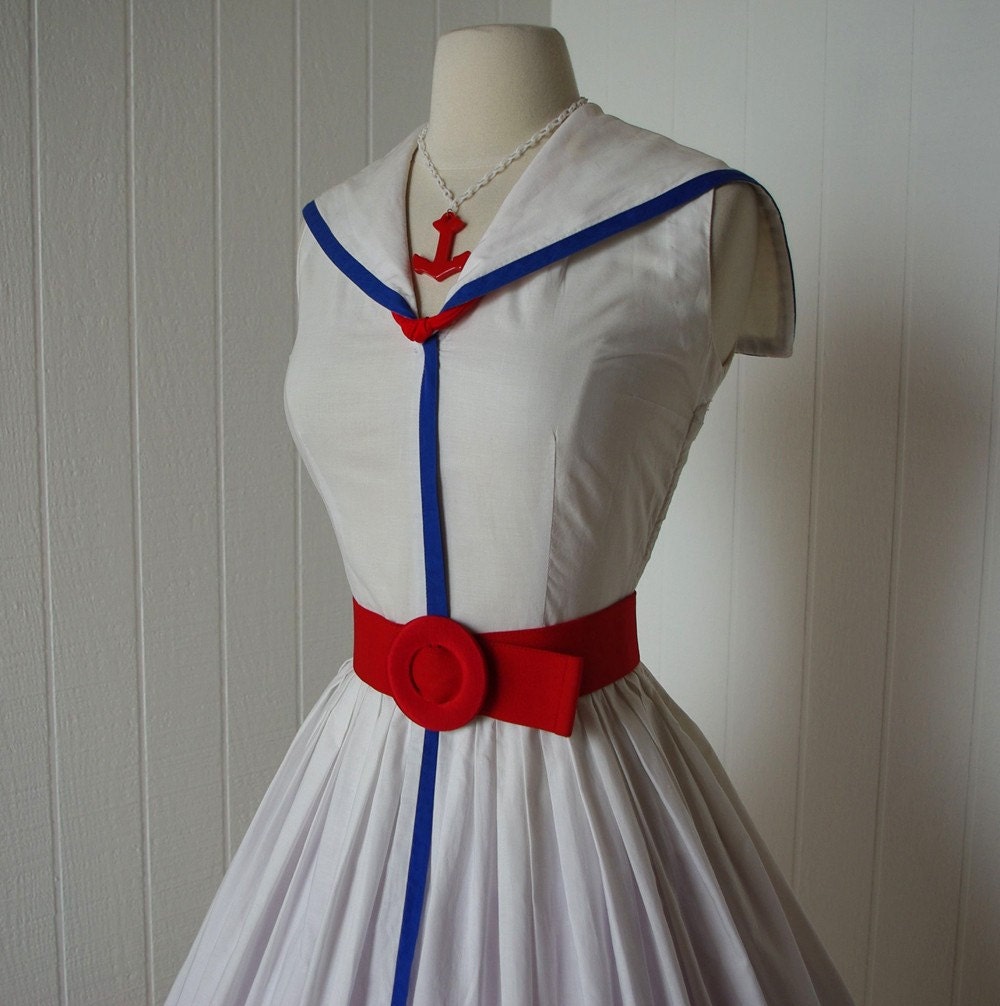 vintage 1950's dress ...JERRY GILDEN spectator white cotton quintessential sailorette sailor victory full skirt pin-up sundress