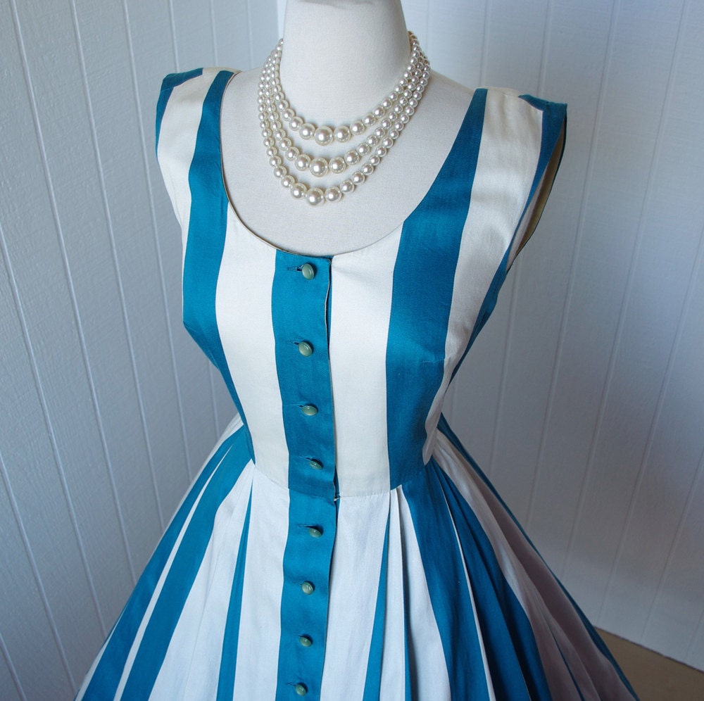 vintage 1950's dress  ...peggy hunt designer PAT PREMO polished cotton striped full skirt pin-up summer sun dress
