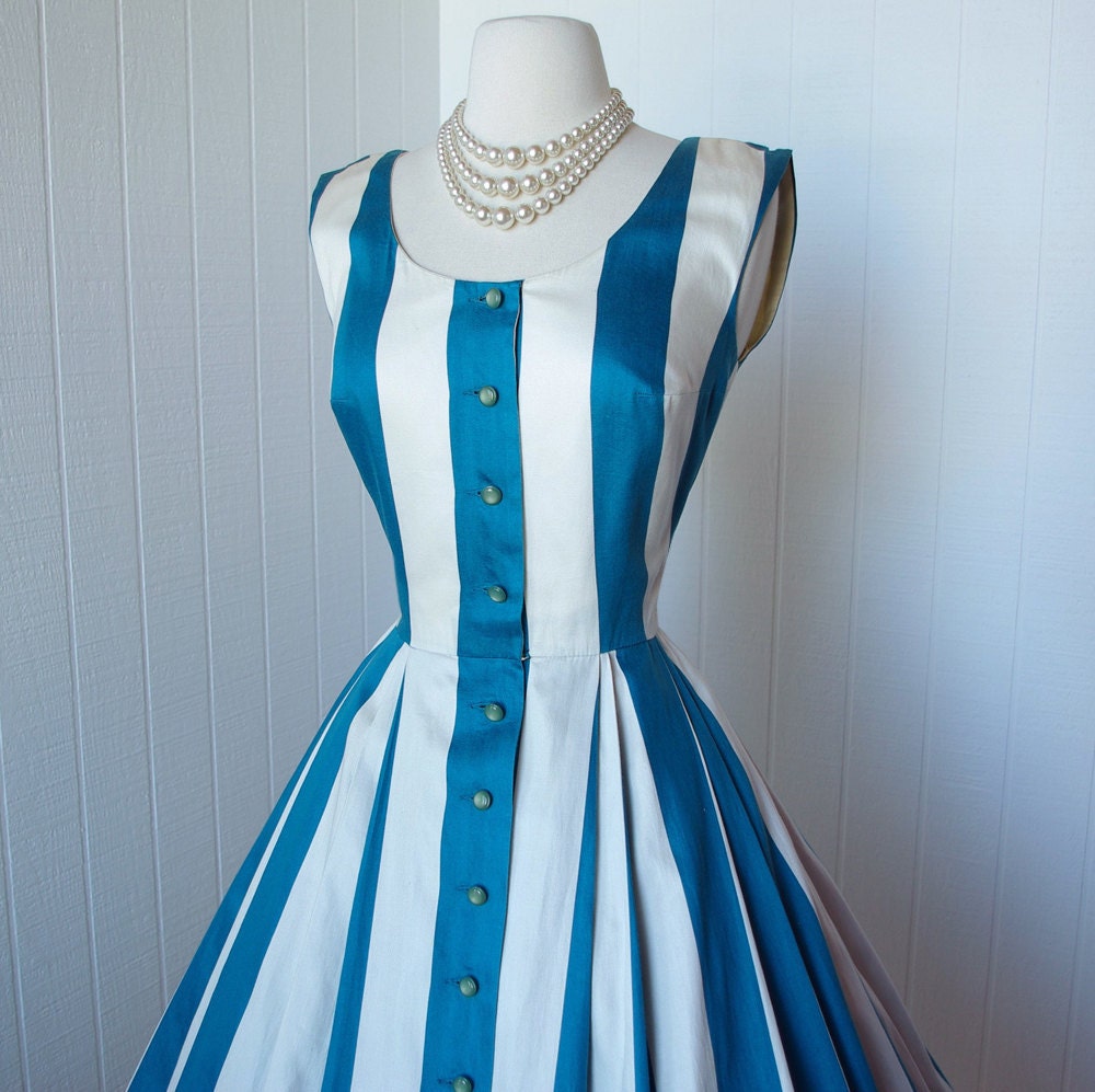 vintage 1950's dress  ...peggy hunt designer PAT PREMO polished cotton striped full skirt pin-up summer sun dress