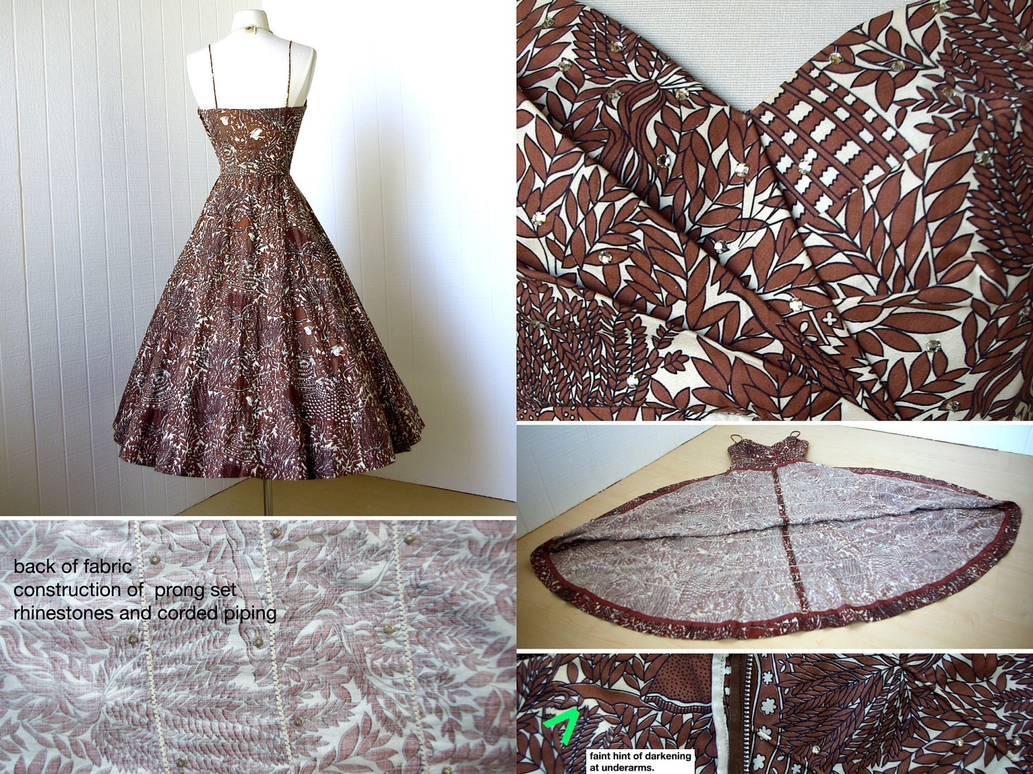 vintage 1950's dress ...fabulous folk NOVELTY PRINT cotton with ladies pleated bust full skirt pin-up party dress encrusted with rhinestones