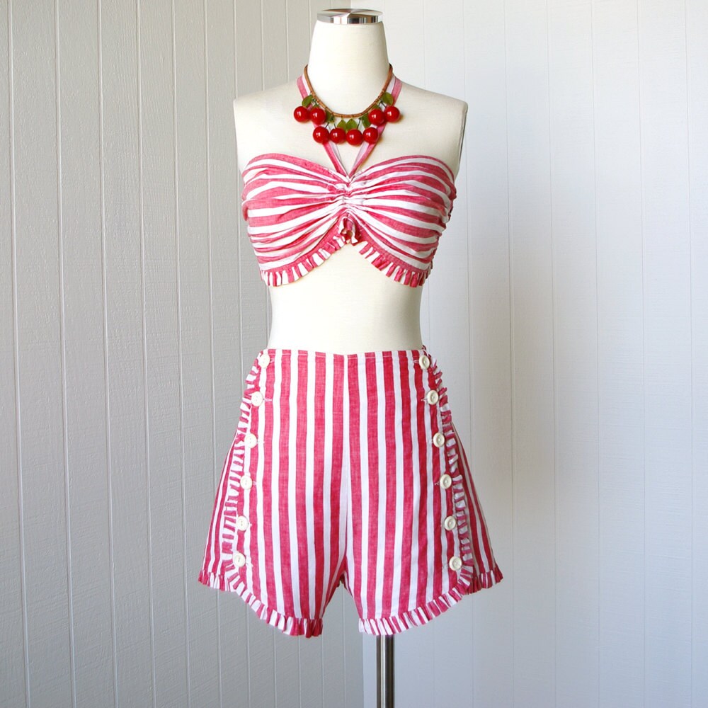 vintage 1940's swimsuit ...iconic styled for the stars of HOLLYWOOD CATALINA 2pc bathing highwaisted sailorette playsuit ...unworn l xl