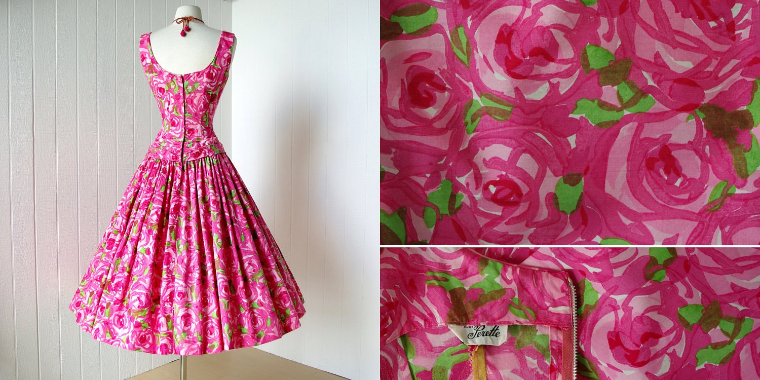 vintage 1950's dress ...gorgeous SUZY PERETTE new look french indigo print abstract rose cotton full skirt pin-up party dress