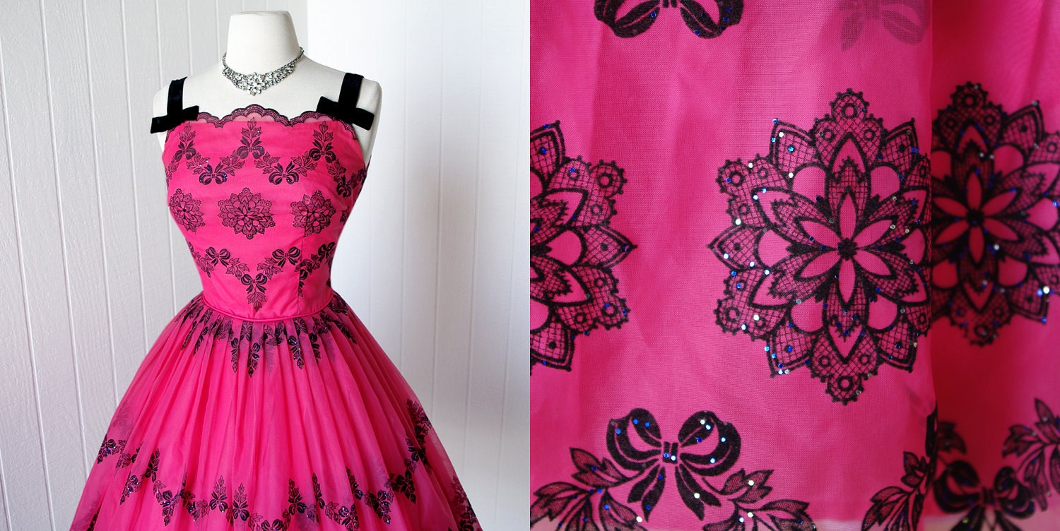 vintage 1950's dress ...exquisite FUSCIA CHIFFON with black flocked floral glitter scalloped full skirt pin-up cocktail dress