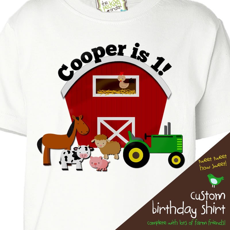 farm birthday shirt with barn and tractor and animals - oh my - completely personalized