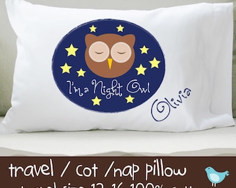 Personalized mod owl woodland night owl travel or toddler pillow insert and pillowcase
