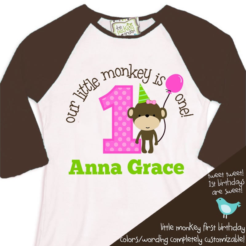 first 1st birthday girl shirt monkey theme party tshirt little monkey 3/4 RAGLAN