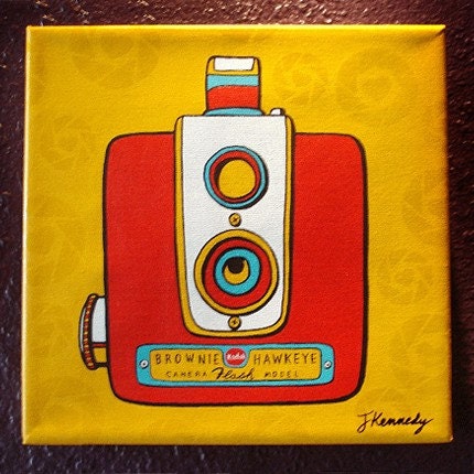 Cameraluv - Hawkeye on Yellow - 12 x 12 x 1.5 - Acrylic on Canvas