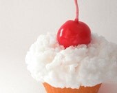 WHITE CUPCAKE CANDLE - Classic Birthday Cake with White Frosting n' Shiny Red Cherry - vanilla scented