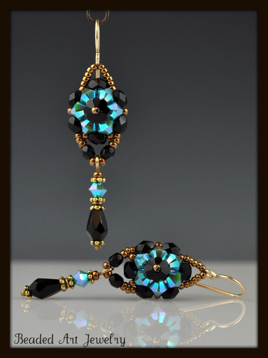 Beadwoven, Beaded, Beadwork Crystal Flower Earrings