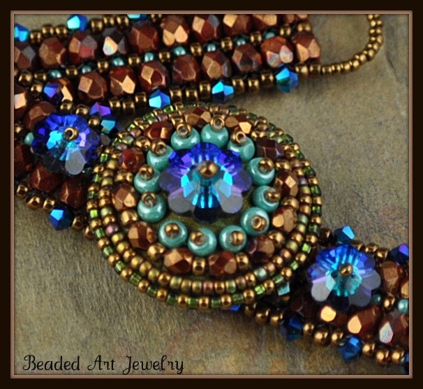 Beadwoven and Bead Embroidered Button Flower Bracelet