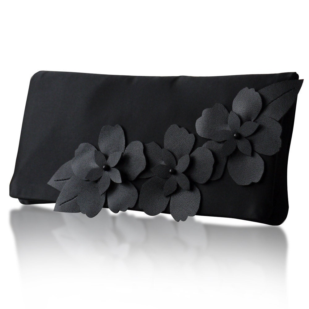Black satin Astor applique clutch