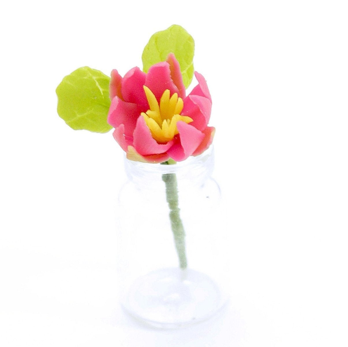 Pink Water Lily, Full Blossom, Mini Bouquet in clear glass bottle