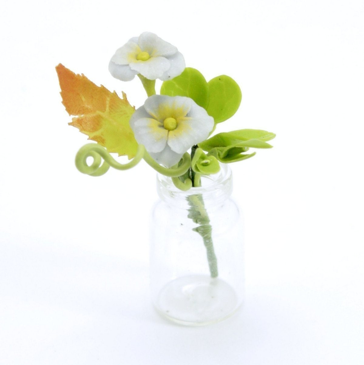Blue Miniature Polymer Clay Flowers Supplies in Glass Vase