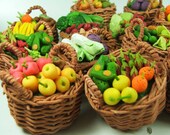 Miniature Polymer Clay Fruits and Veggies in weaving basket, set of 12 pcs, assorted