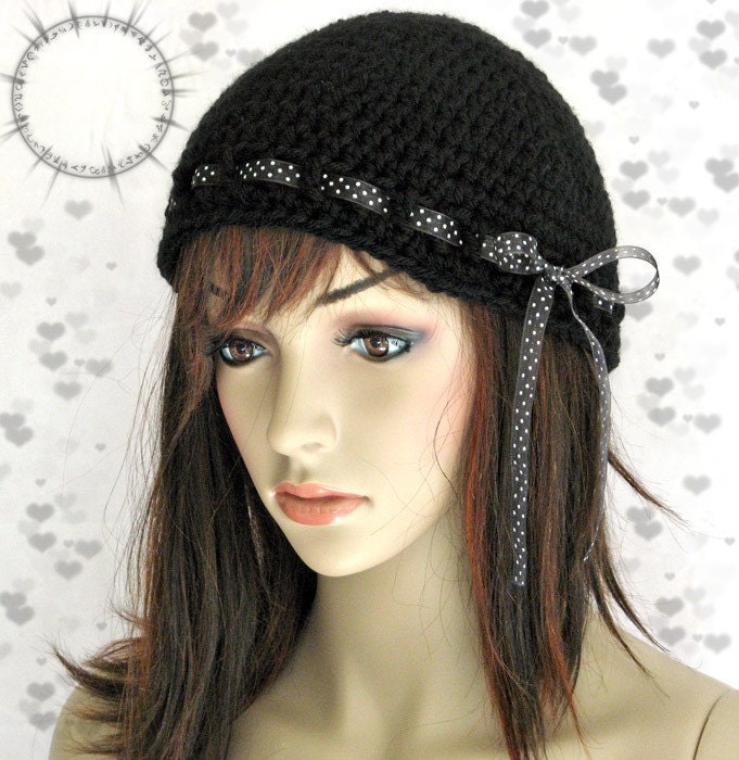 Black Cloche Hat with Black and White Ribbon Tie