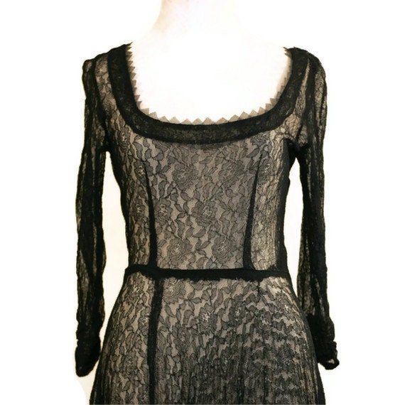 40s Lace Dress/ Mesh Triangles Neckline/ 3 Quarter Sleeve And Length / Scoop Neck