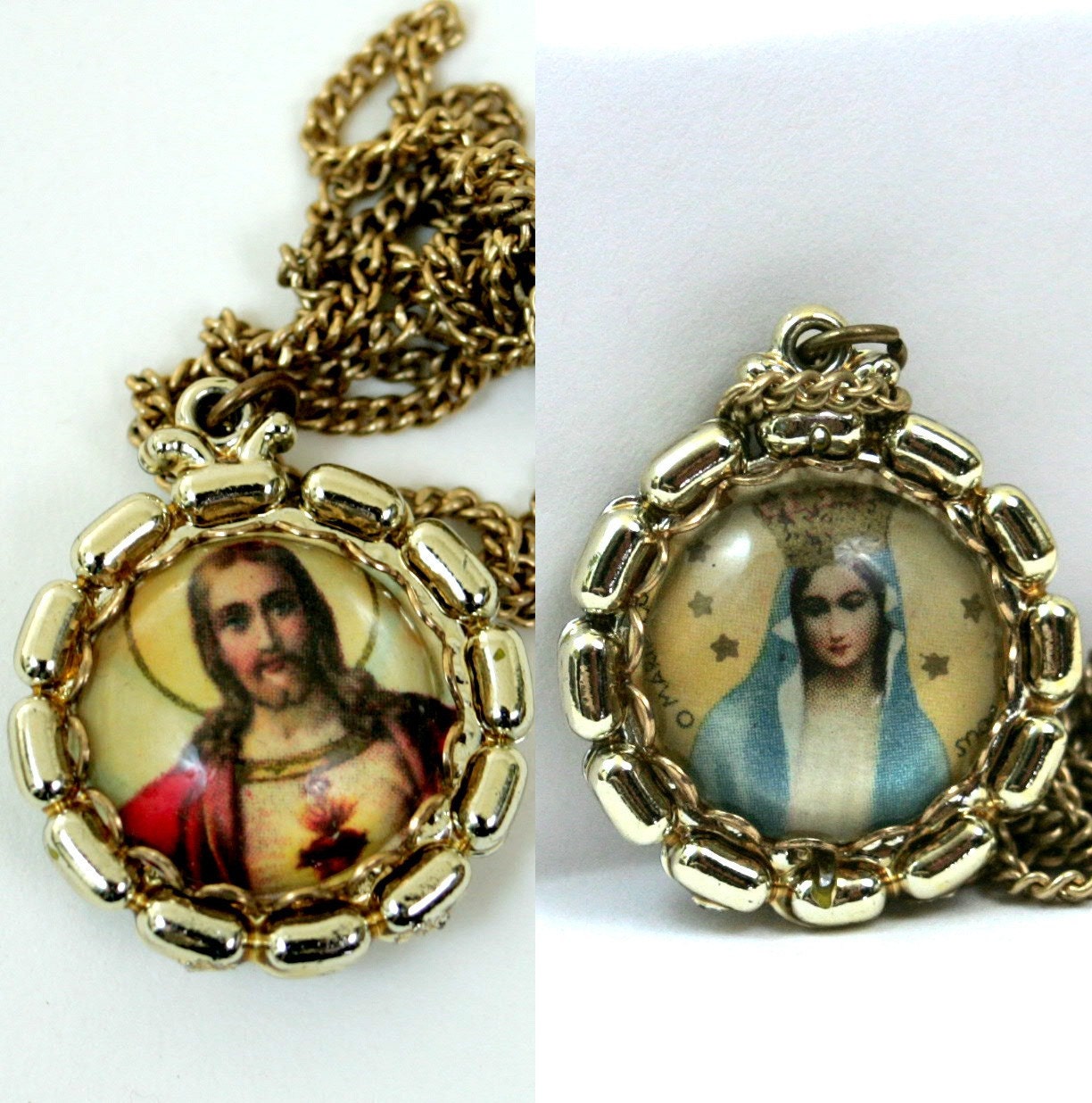 Kitsch Religious Necklace / Mary And Jesus Pendant On Gold Chain VINTAGE