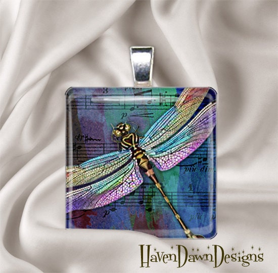 Dragonfly(watercolor) Glass Tile Pendant
