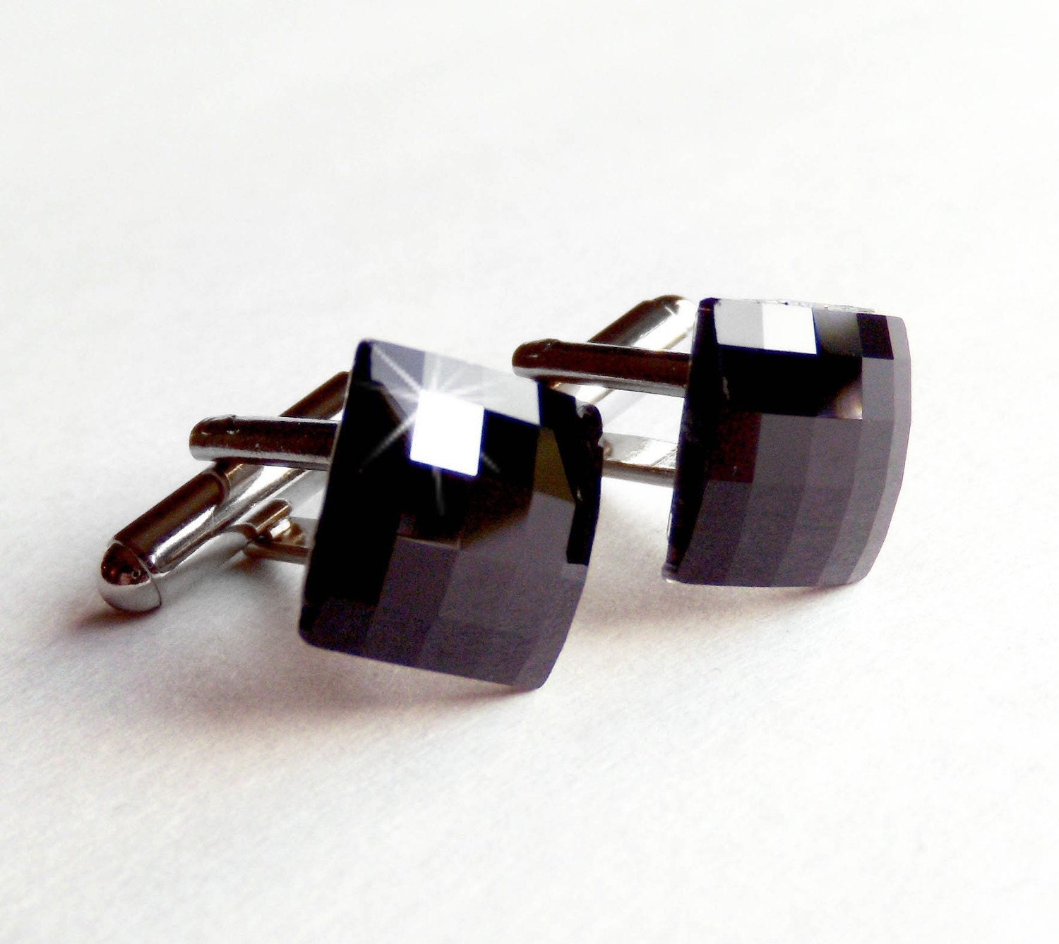 Swarovski Jet Black Crystal Cufflinks - Silver - Custom Colors - Fathers Day - Wedding