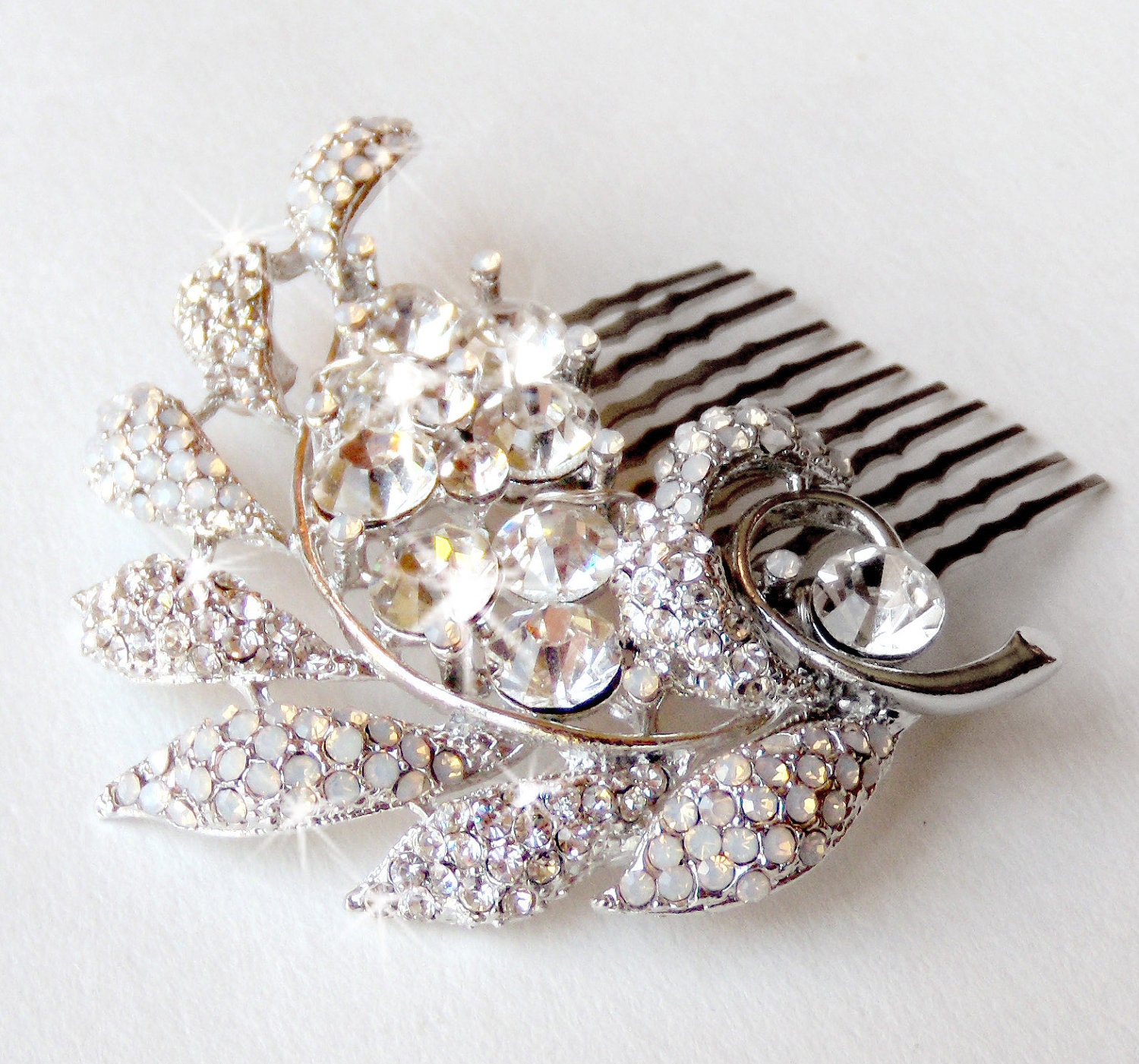 RESERVED Rhinestone Leaf Comb - Silver - Vintage Style Hair Piece - Outdoor Forest Wedding Hair Comb