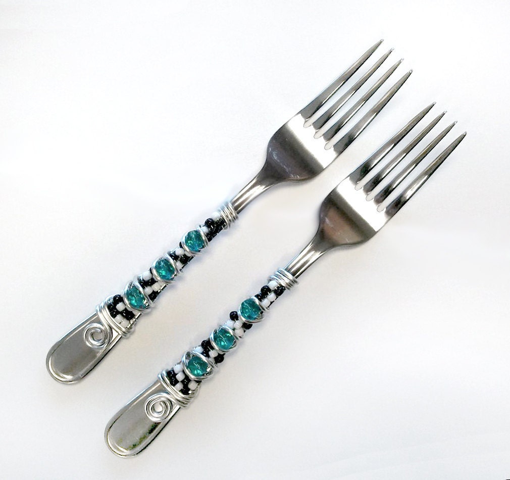 RESERVED Custom Beaded Forks (2) - Red Brown Pearl