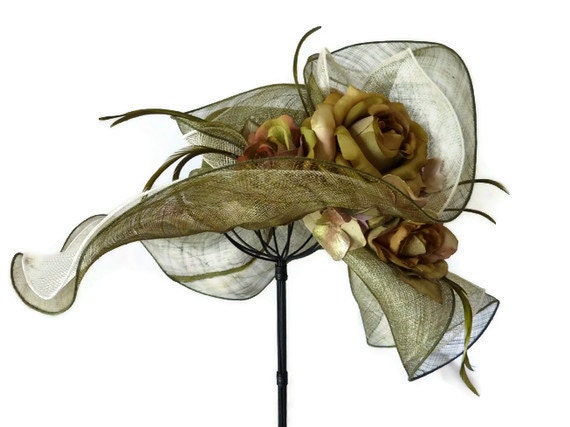 Kentucky Derby hat, sun hat sinamay, Easter hat with flowers, Bridesmaid hat, womens hats for weddings, garden parties - "GREEN WITH ENVY"