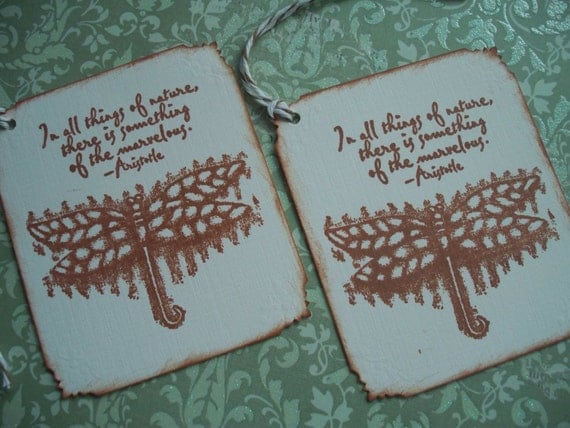 Buy gift tags and quotes - Vintage Gift Tags Handstamped Dragonfly Nature Themed Aristotle quote - Set of 6