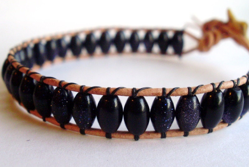 Beaded leather wrap bracelet - tiny blue goldstone with star button closure