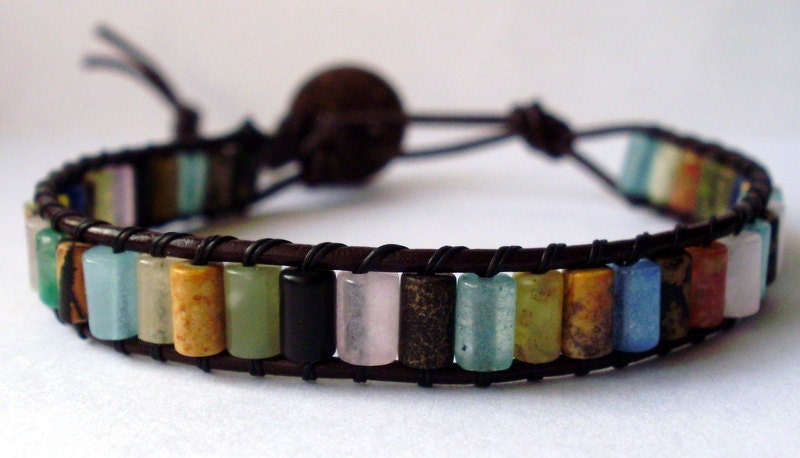 Leather wrap bracelet - tiny rainbow mixed stone with button closure