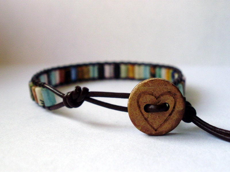 Leather wrap bracelet - tiny rainbow mixed stone with button closure