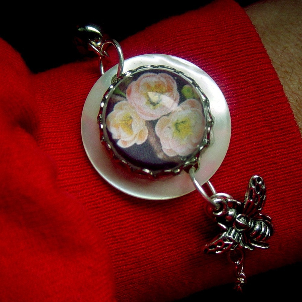 Bumble Bee and Plum Blossom Bubble Charm Bracelet Czech Glass Beads OOAK