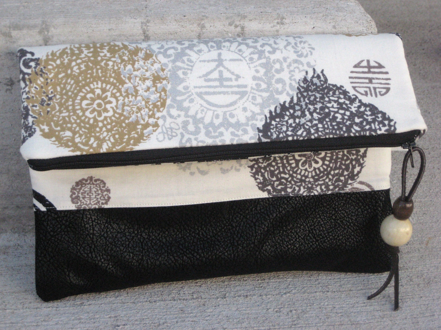 Clutch - Asian Print - Vegan Leather Bottom - Purse - Fold over Clutch