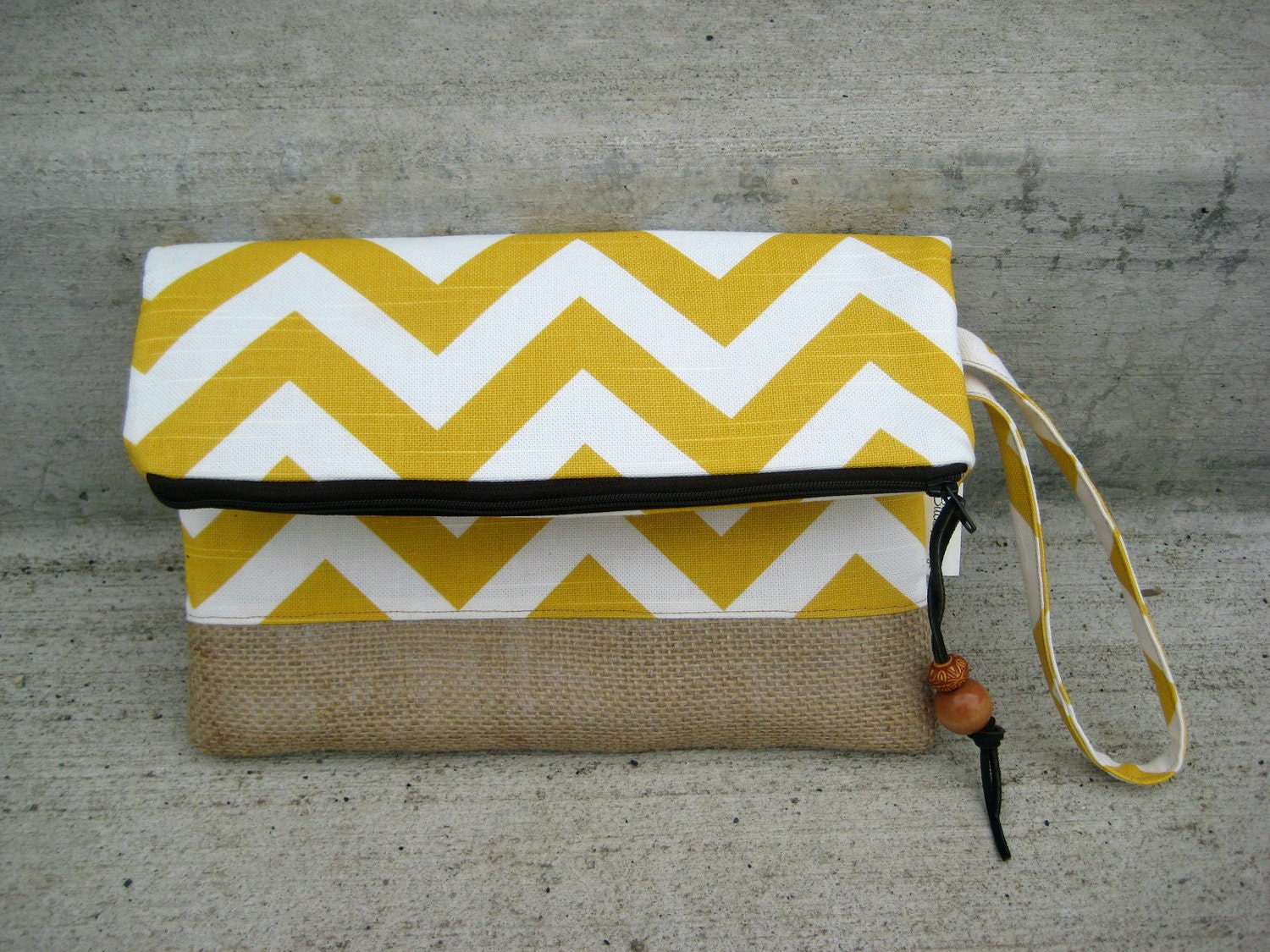 Chevron Clutch - Lemon and White - Burlap Bottom - Purse - Wristlet