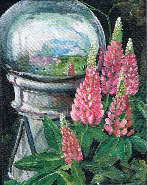 Small Floral painting  Gaziing ball and Lupins 8 x 10 acrylic on canvas ready to hang
