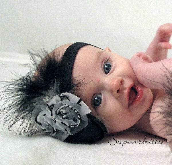 Black and White Baby Headband - Rosette Baby Flower Headband - Toddler/Girl Feather Headband w/Satin Rose Photo Prop