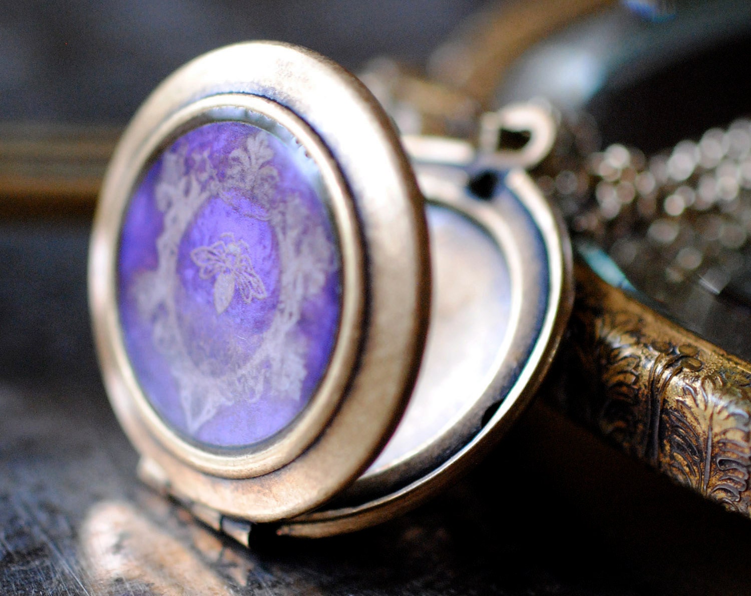 Art Locket Necklace featuring a Honey Bee - The purple, iconic pendant looks vintage with a romantic flair